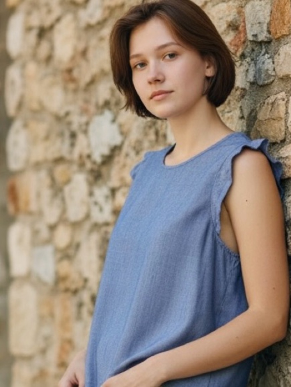 Signature Eight Sleeveless Chambray Ruffle-Shoulder Top - Size Small